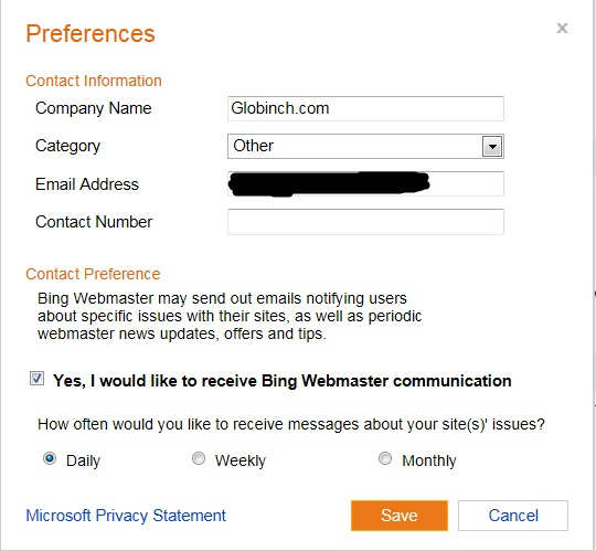 Bing Webmaster preferences