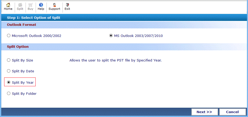 Split outlook PST file by year