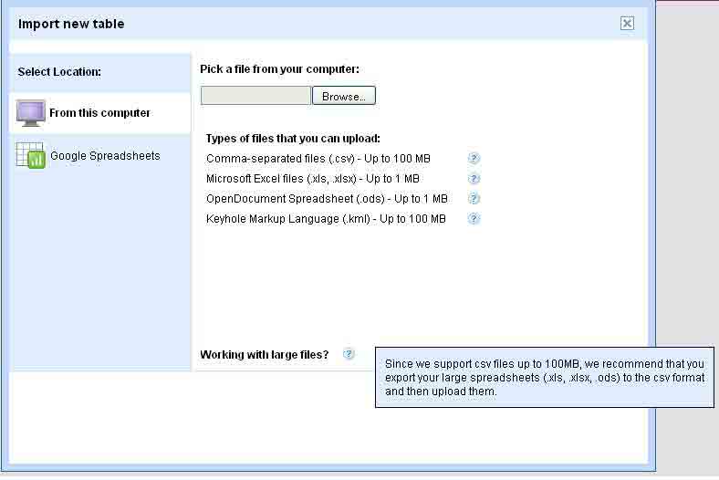 Google fusion Tables upload