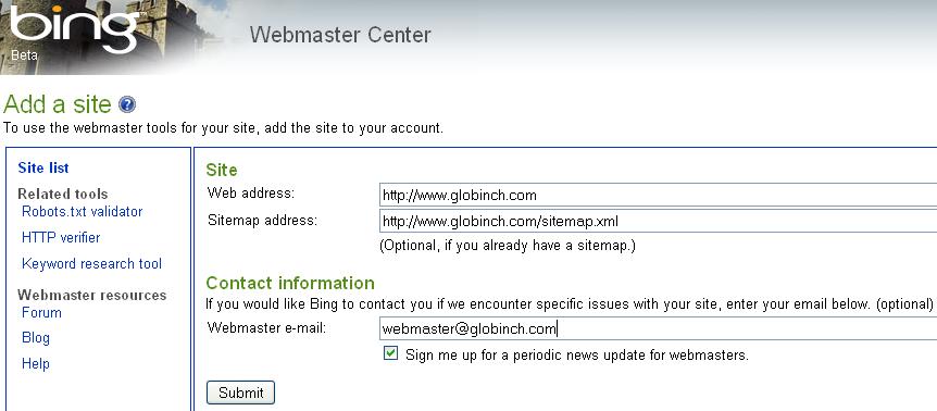 Bing Webmaster center